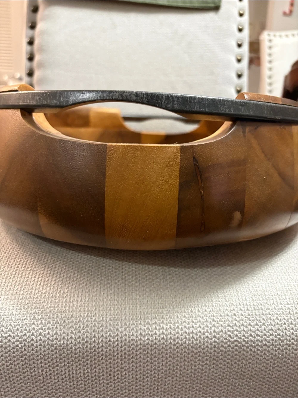 Nambe Acacia Wood Serving Bowl with Servers in Honey Brown and Metal Accents